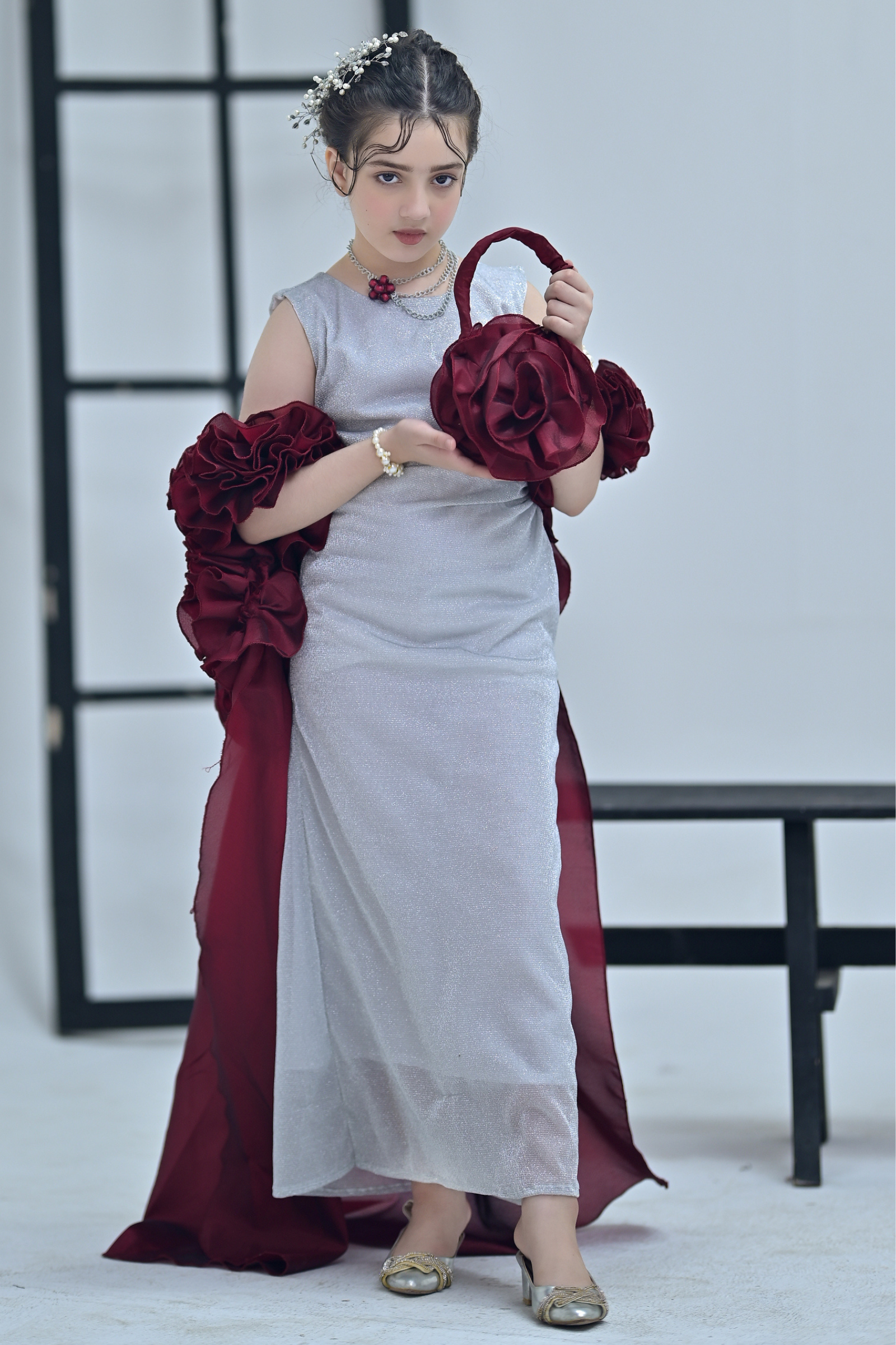 Premium Ruffle Rose Maroon Hand Bag