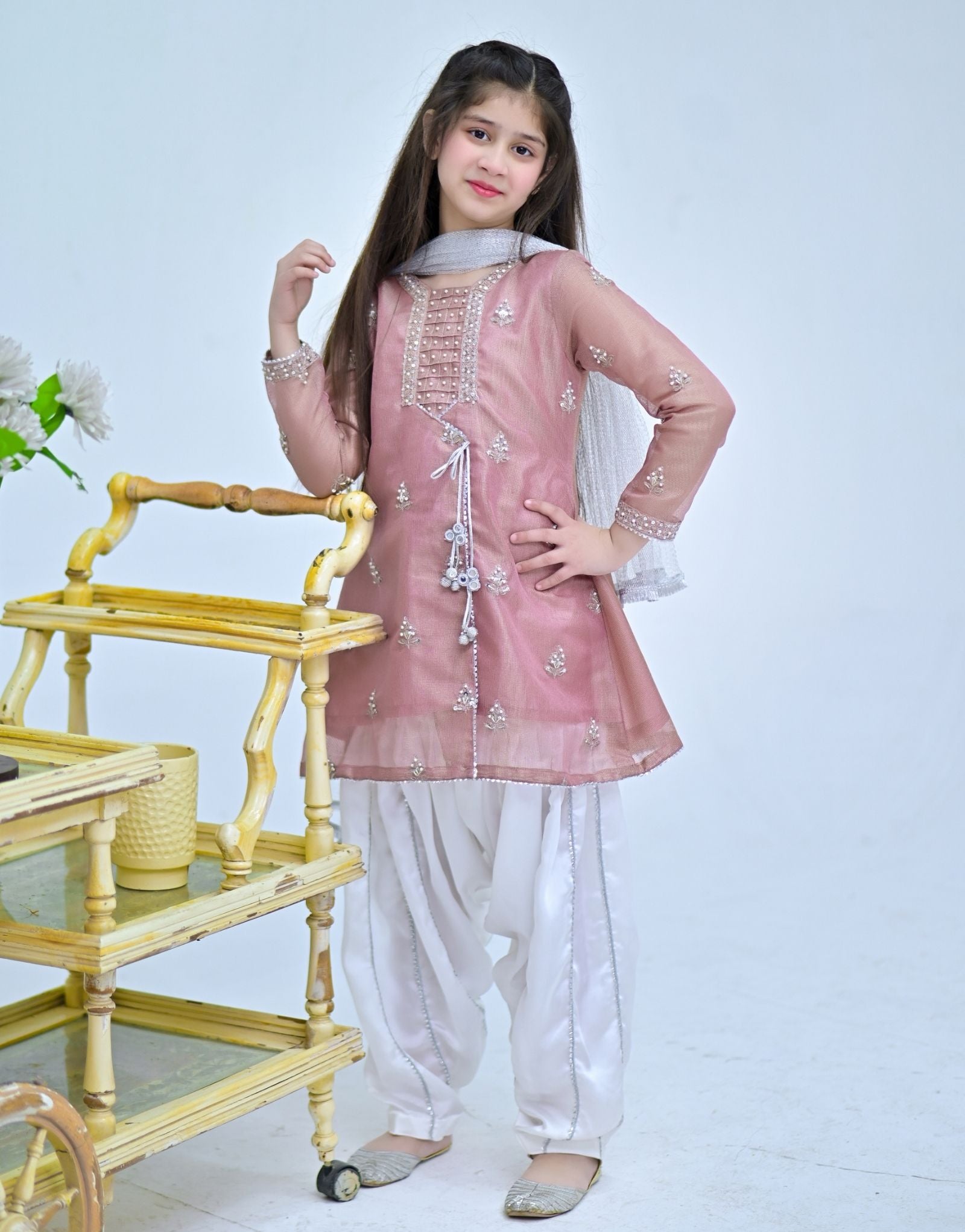 3 Piece Embroidered Embellished Dress Pink