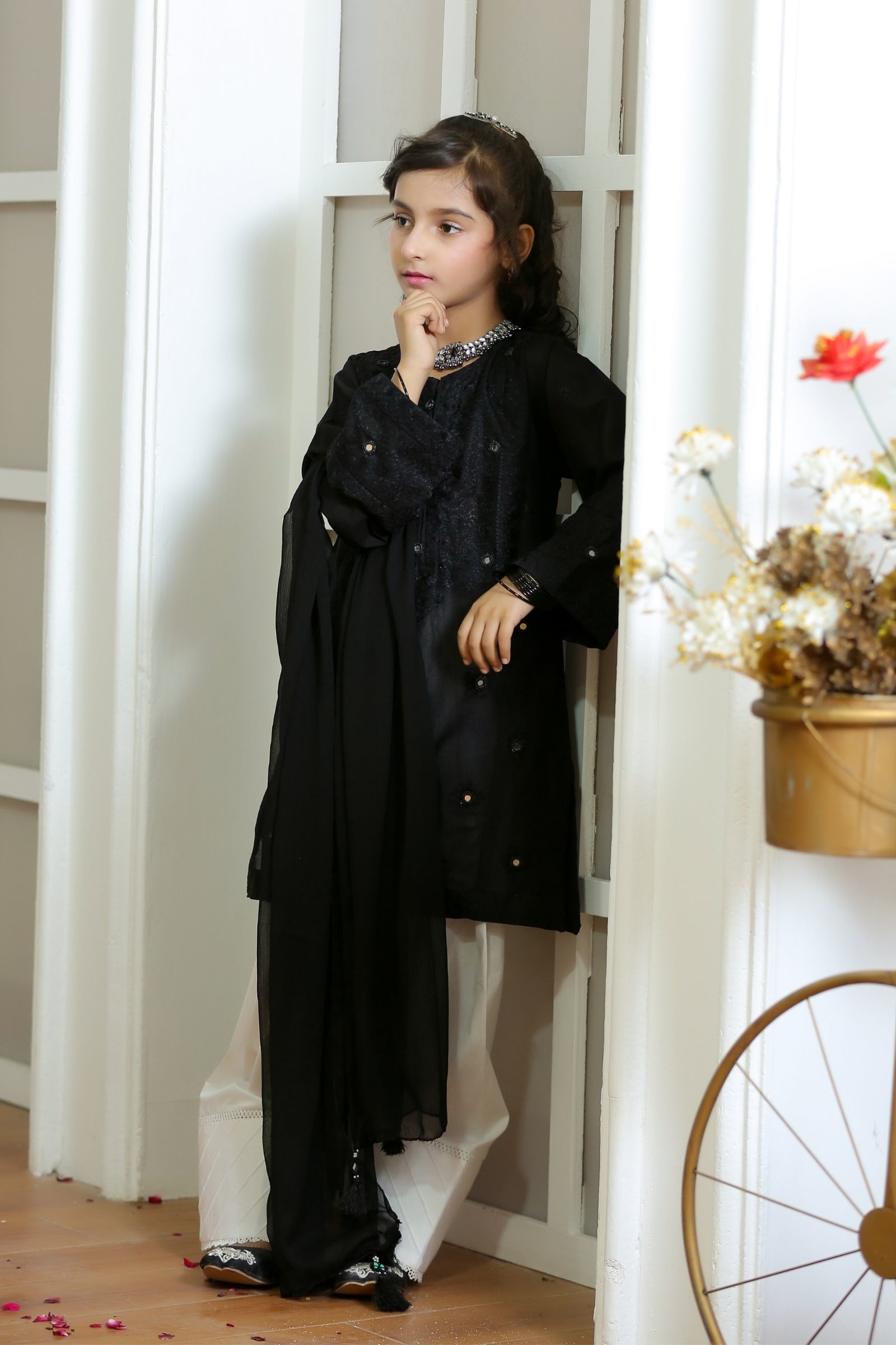 Embroidered Black 3-Piece Lawn Suit with Mirror Work