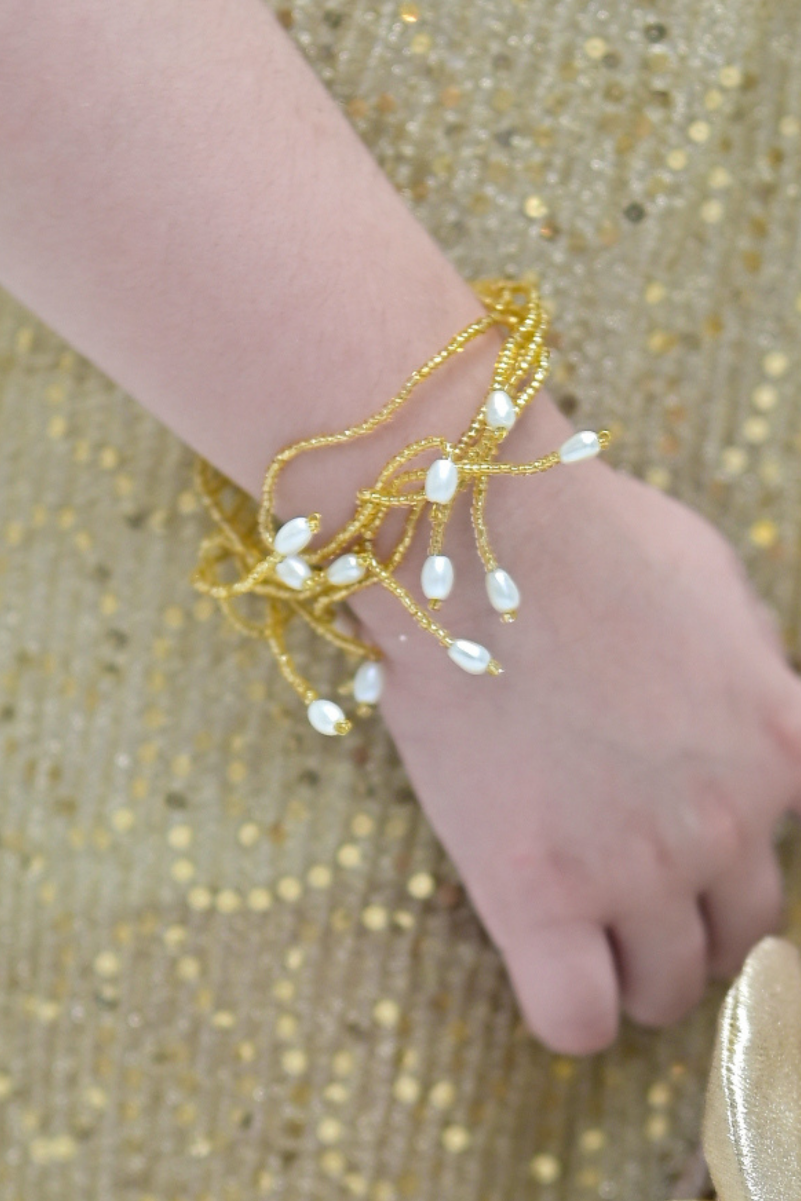 Golden Pearl Beaded Layered Necklaces with Bracelet