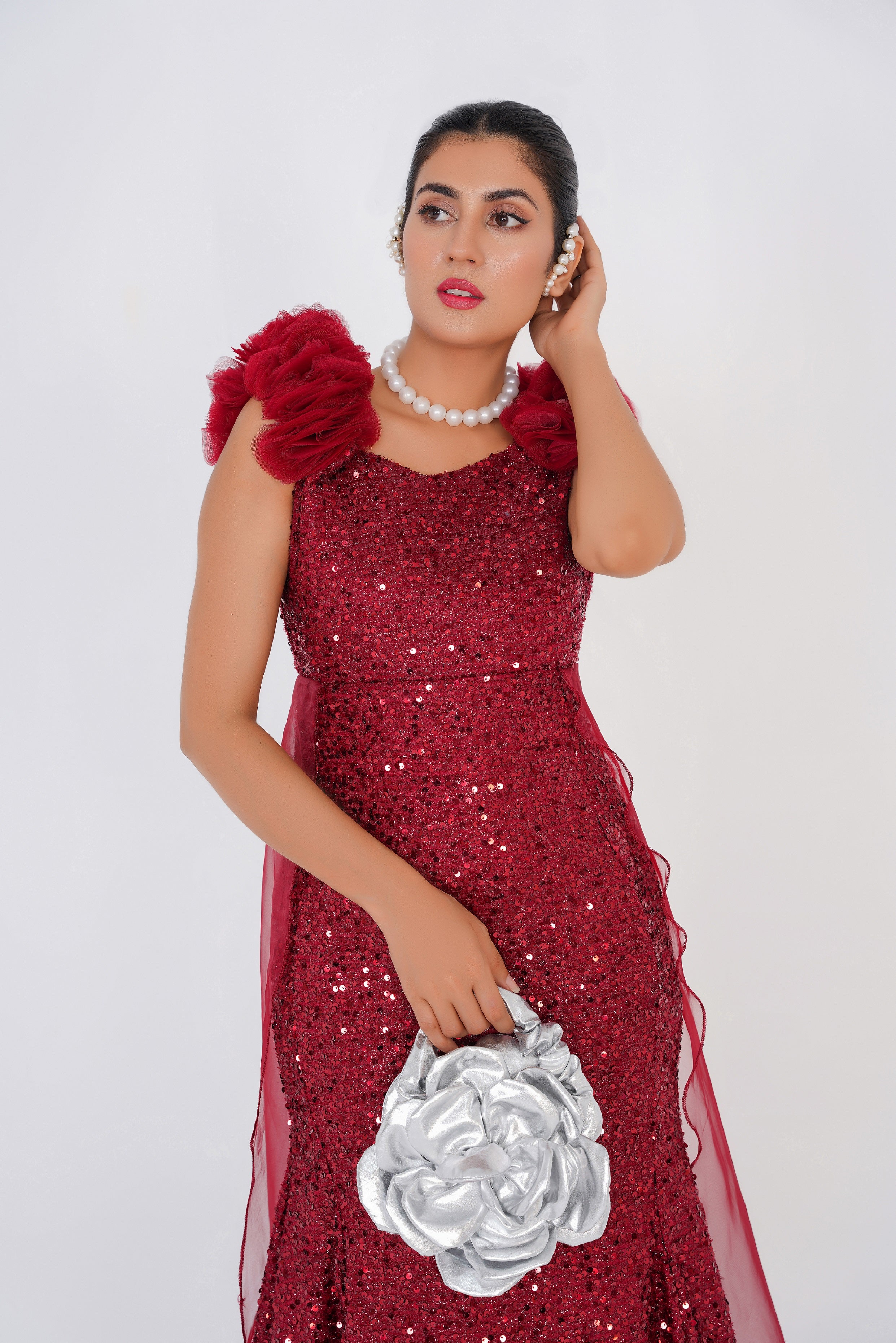 Premium Rose Pattern Silver Hand Bag