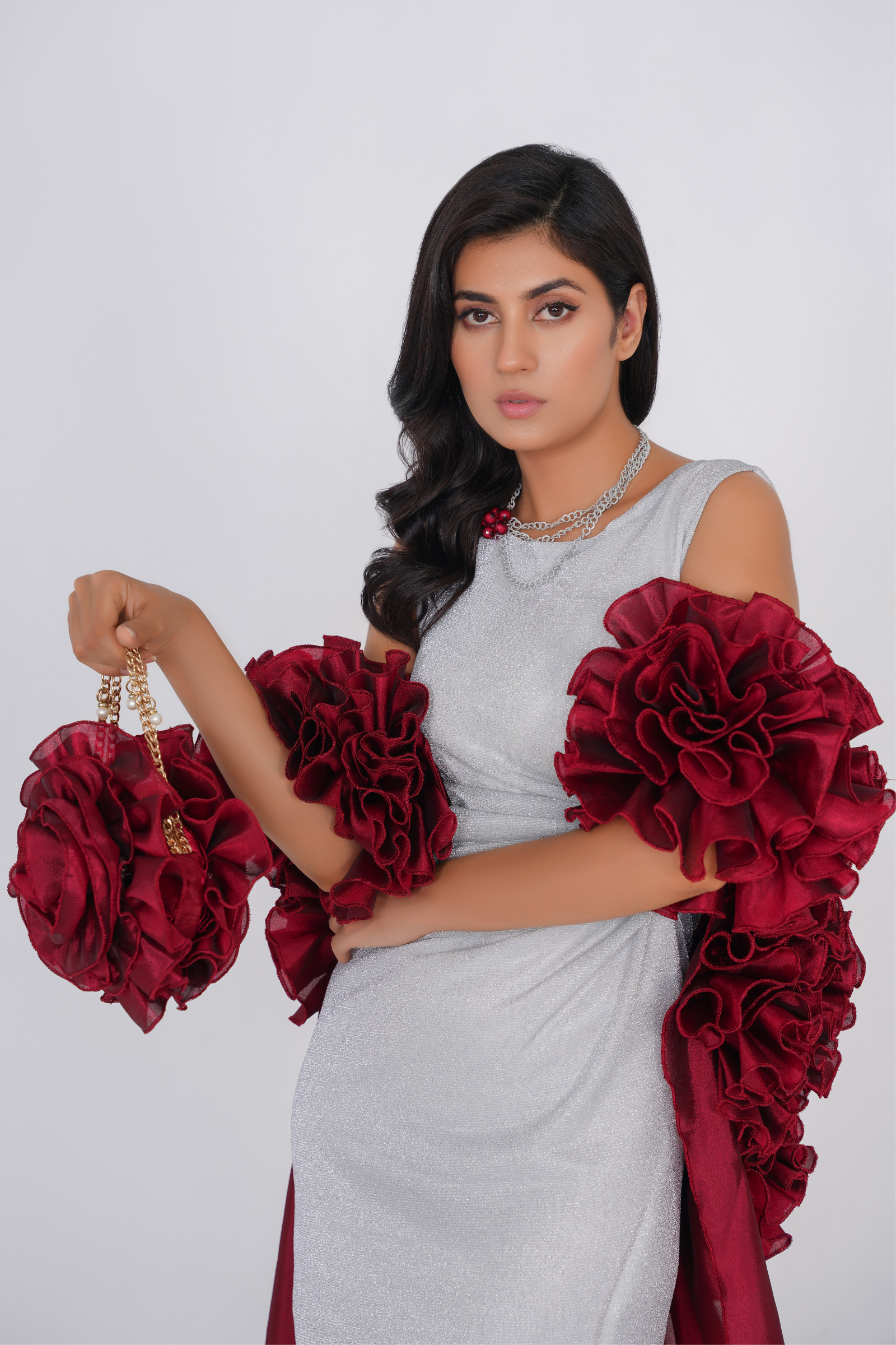 Ruffle Rose Maroon Chain Hand Bag