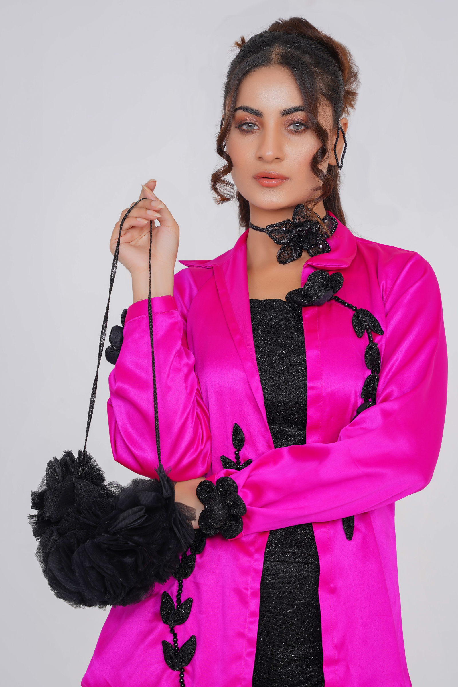 Net Flower Hand Bag Black