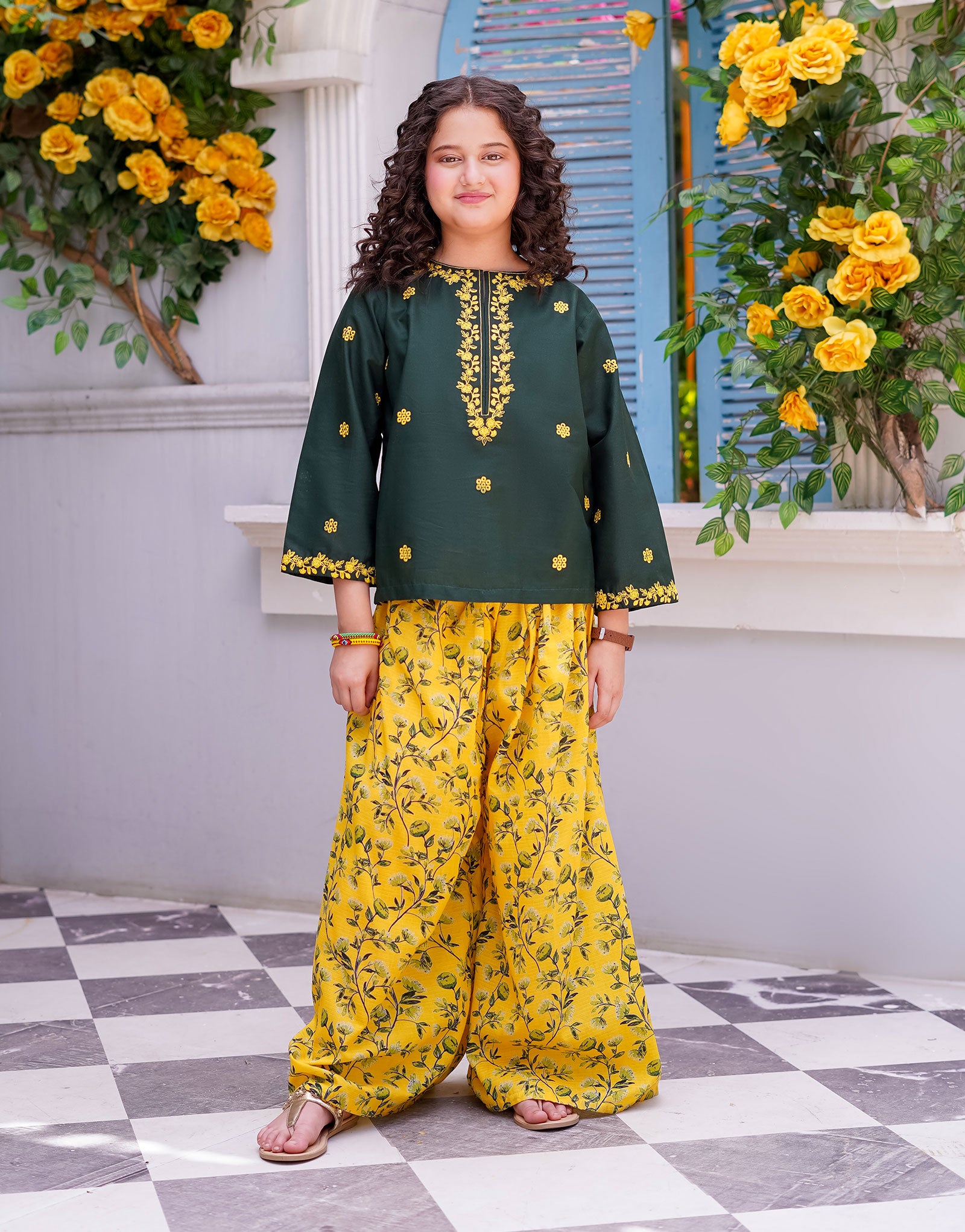 EMBROIDERED SHIRT WITH PRINTED PLAZO (ZNST-36)