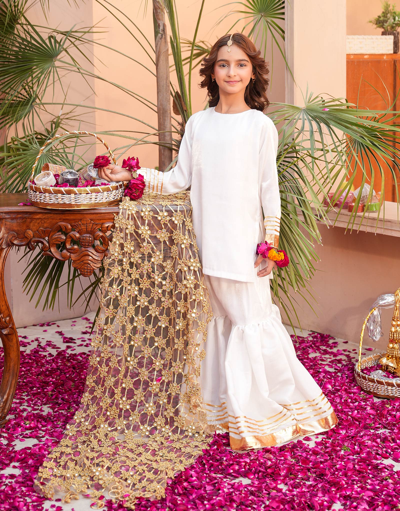 ZNSNBL-28 EMBLISHED SHIRT GHARARA WITH MIRROR JAAL DUPATTA