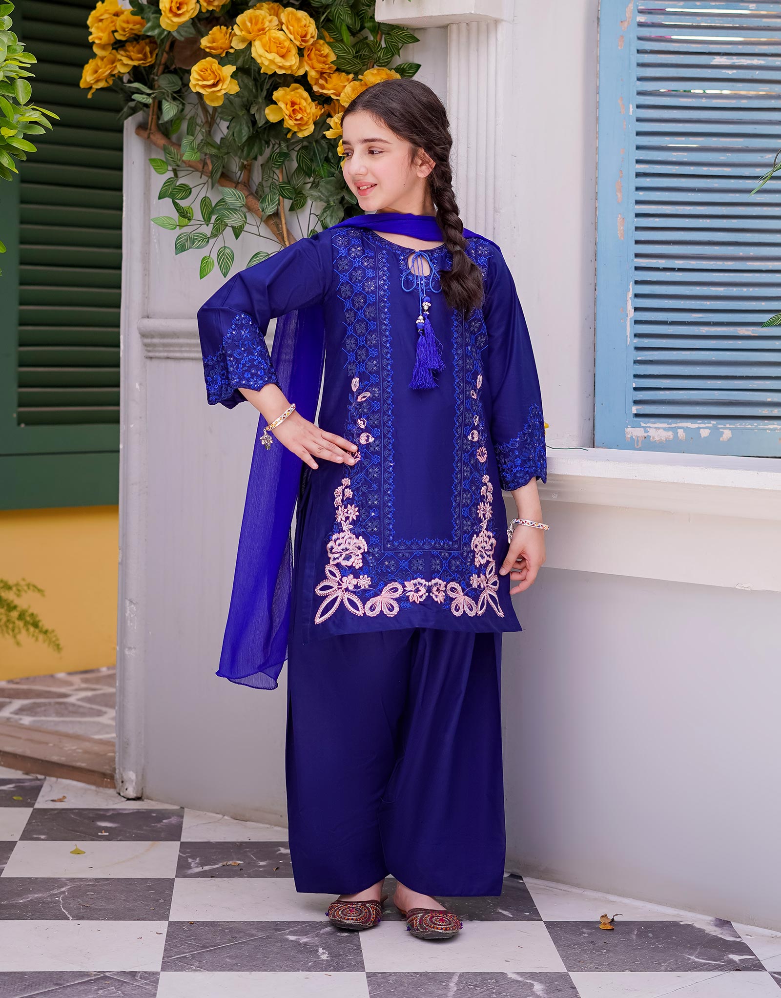 EMBRIODERED SHIRT WITH FARSHI SHALWAR 3 PCS (ZNSH-44)