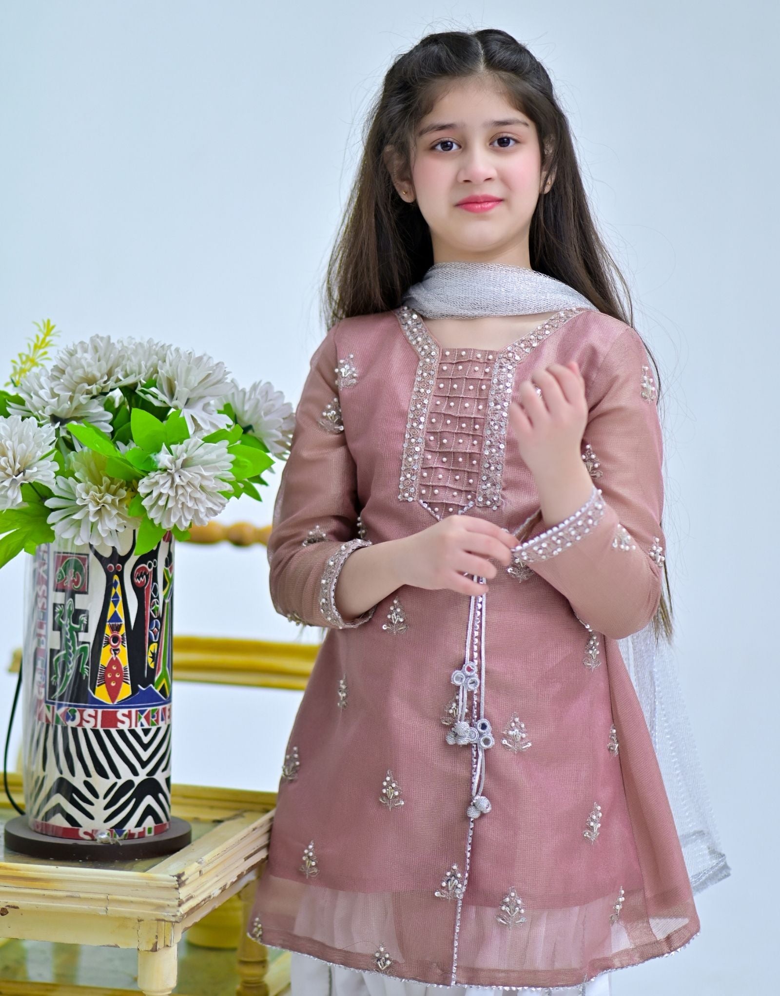 3 Piece Embroidered Embellished Dress Pink