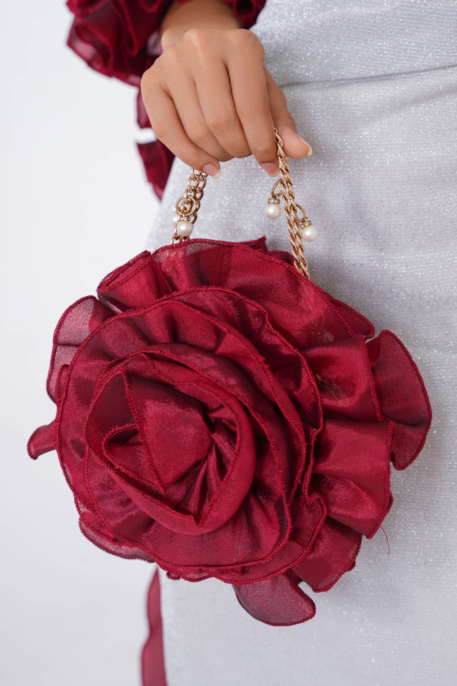 Ruffle Rose  Maroon Chain Hand Bag