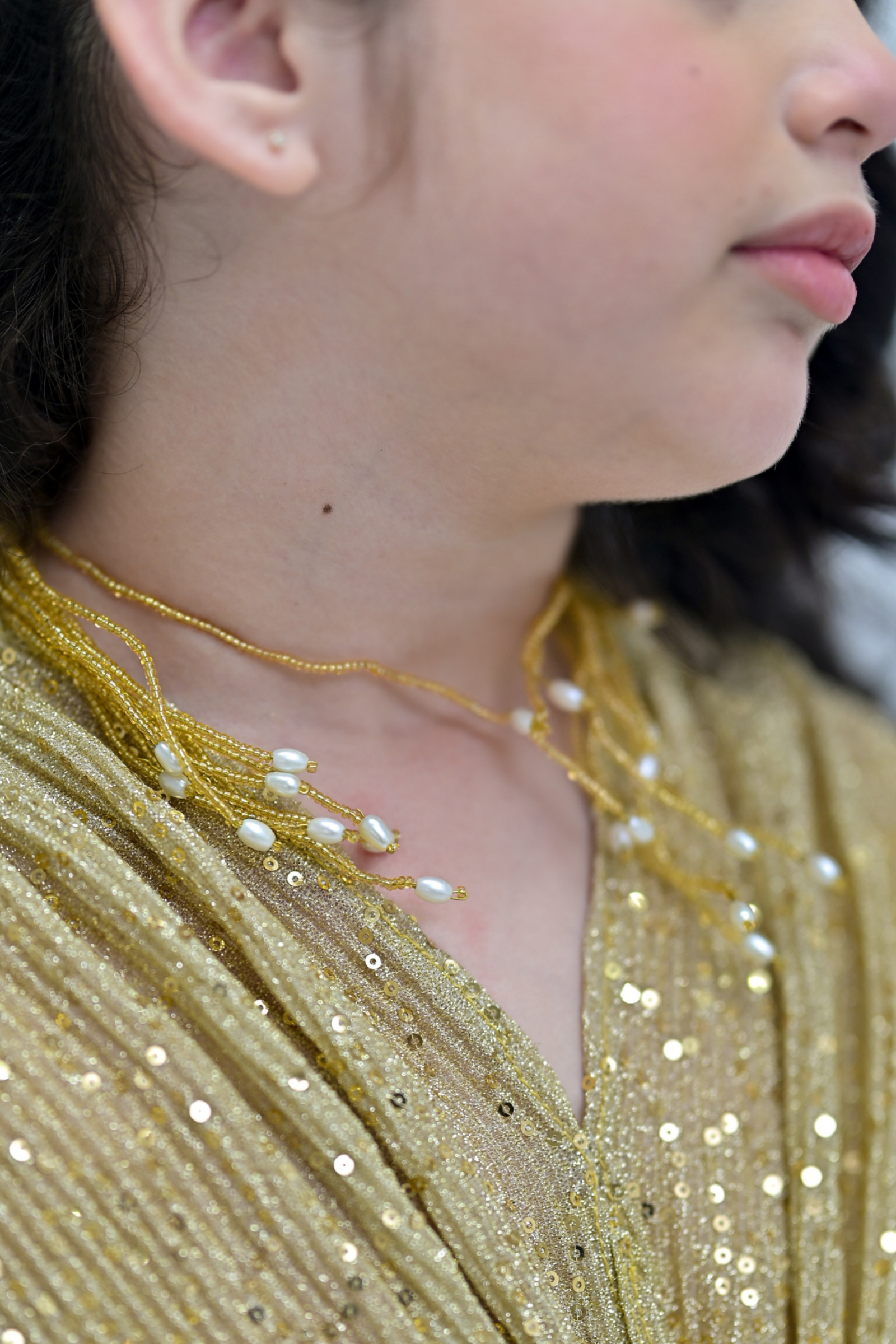 Golden Pearl Beaded Layered Necklaces with Bracelet